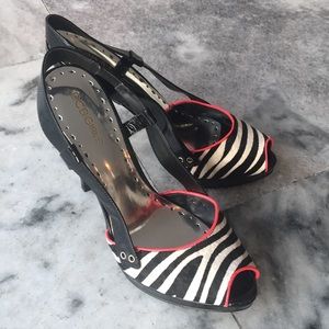 BCBG Girls zebra print peep toe heels